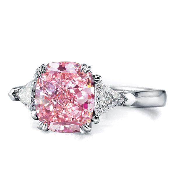Pink Cushion Cut Three Stone Engagement Ring - 925 Sterling Silver