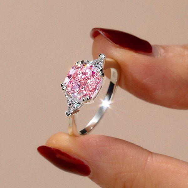 Pink Cushion Cut Three Stone Engagement Ring - 925 Sterling Silver
