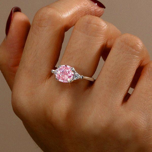 Pink Cushion Cut Three Stone Engagement Ring - 925 Sterling Silver
