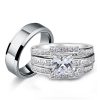 Classic White Sapphire Trio Wedding Ring Set - Sterling Silver & Titanium