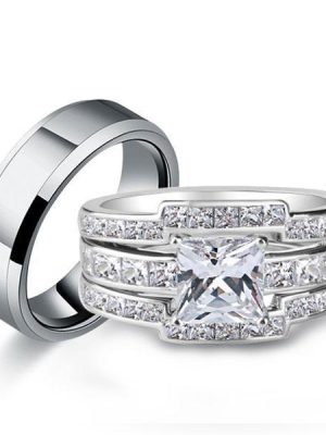 Classic White Sapphire Trio Wedding Ring Set - Sterling Silver & Titanium