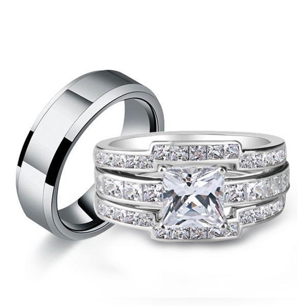 Classic White Sapphire Trio Wedding Ring Set - Sterling Silver & Titanium