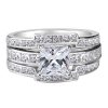 Classic White Sapphire Trio Wedding Ring Set - Sterling Silver & Titanium