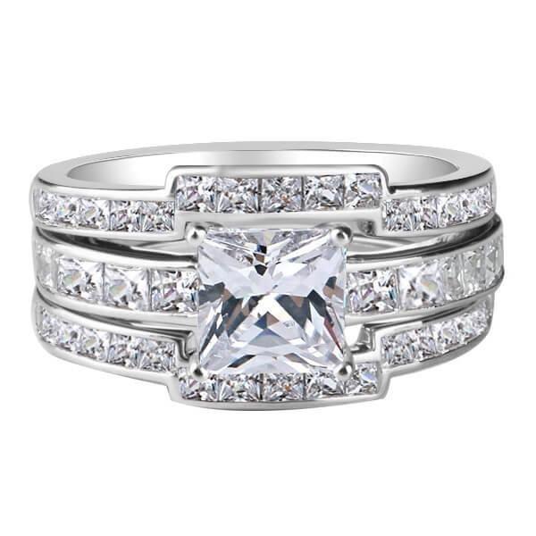 Classic White Sapphire Trio Wedding Ring Set - Sterling Silver & Titanium