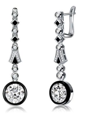 Art Deco Black & White Halo Drop Earrings - Sterling Silver