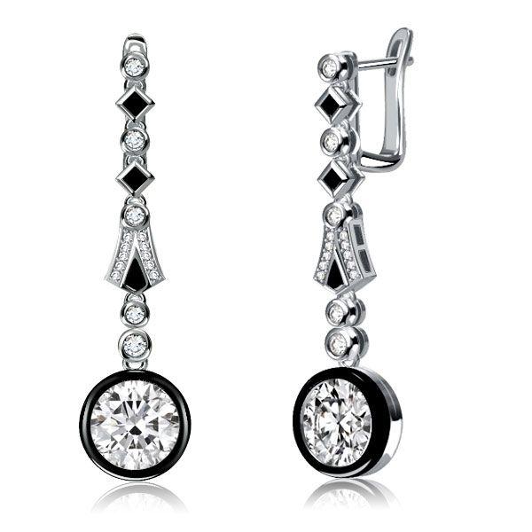 Art Deco Black & White Halo Drop Earrings - Sterling Silver