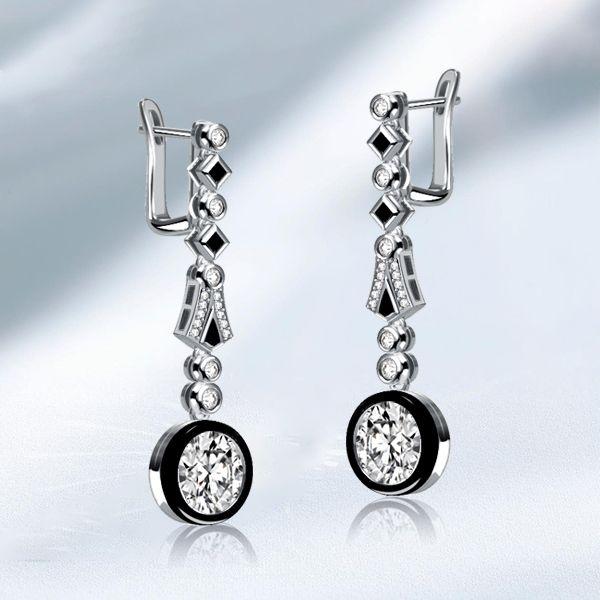 Art Deco Black & White Halo Drop Earrings - Sterling Silver