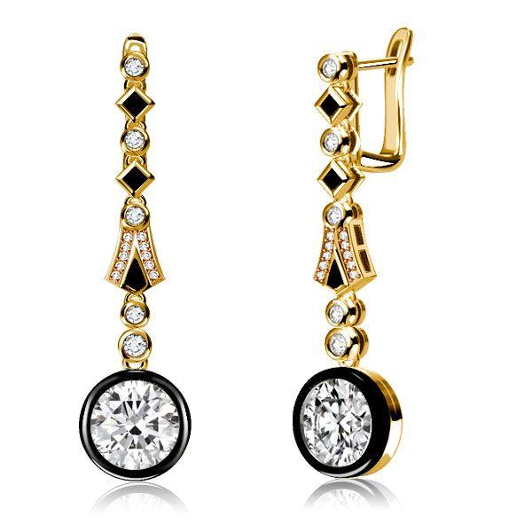 Art Deco Black & White Halo Drop Earrings - Sterling Silver