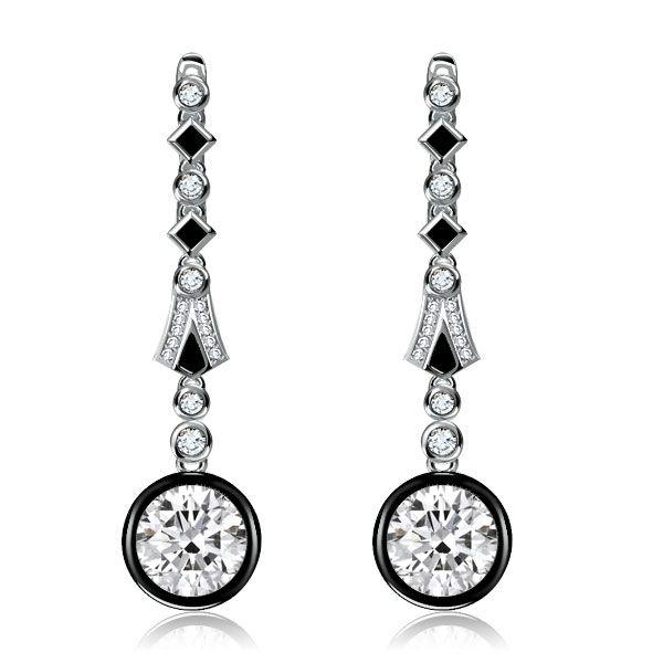 Art Deco Black & White Halo Drop Earrings - Sterling Silver