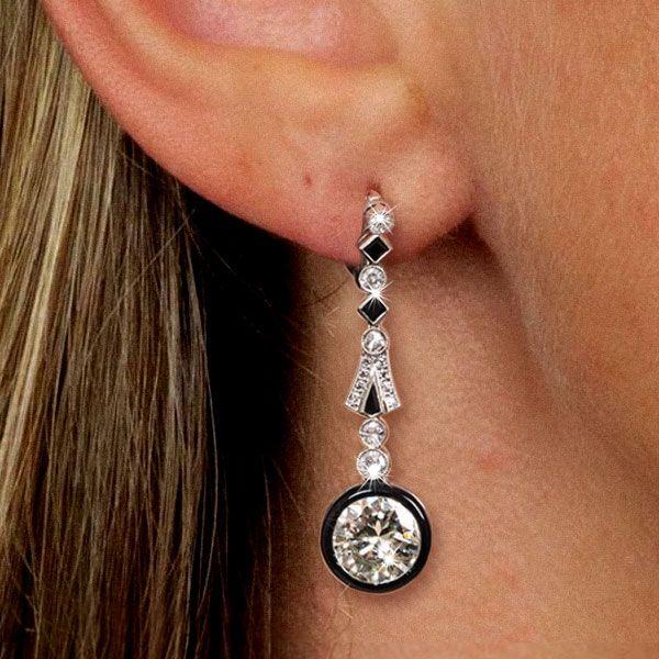 Art Deco Black & White Halo Drop Earrings - Sterling Silver