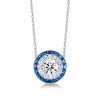 Halo Created Sapphire Pendant Necklace - Sterling Silver