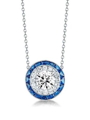 Halo Created Sapphire Pendant Necklace - Sterling Silver