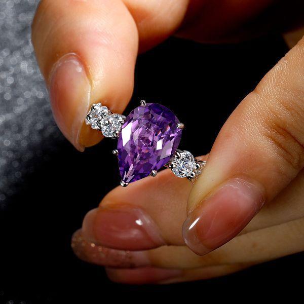Pear Shaped Amethyst Engagement Ring - 925 Sterling Silver Wedding Ring