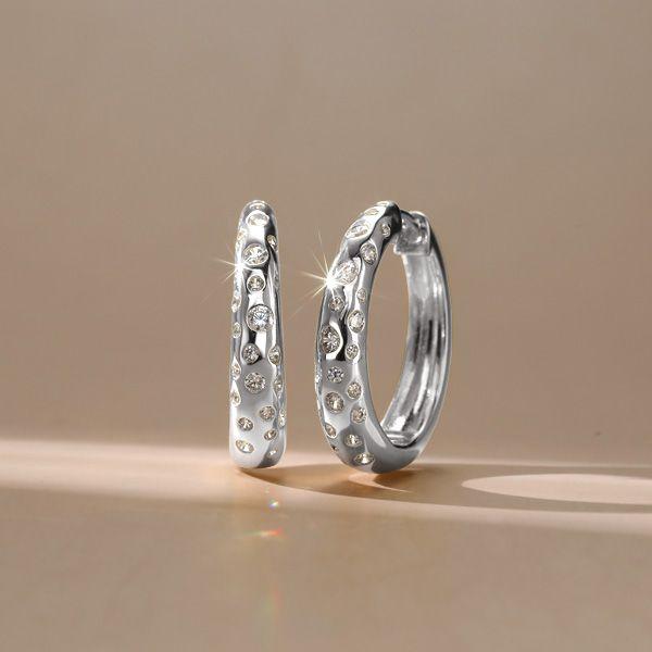 White Sapphire Hoop Earrings - Flush Setting, Sterling Silver