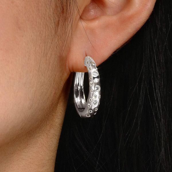 White Sapphire Hoop Earrings - Flush Setting, Sterling Silver