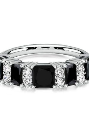 Princess Cut Black Stone Wedding Band Stacking Ring for Women in Sterling Silver