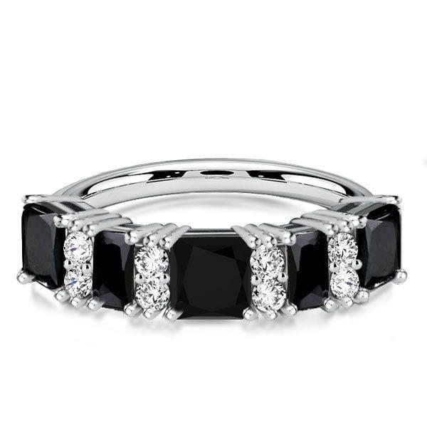 Princess Cut Black Stone Wedding Band Stacking Ring for Women in Sterling Silver