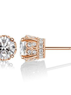 Rose Gold Round Cut Stud Earrings - Vintage Style, Sterling Silver