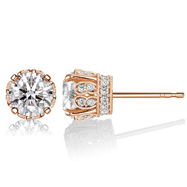 Rose Gold Round Cut Stud Earrings - Vintage Style, Sterling Silver