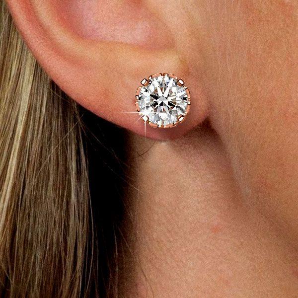 Rose Gold Round Cut Stud Earrings - Vintage Style, Sterling Silver
