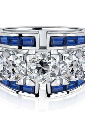 Art Deco Blue Sapphire Round Cut Vintage Wedding Band in Sterling Silver