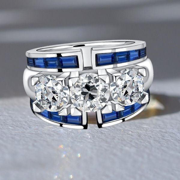 Art Deco Blue Sapphire Round Cut Vintage Wedding Band in Sterling Silver