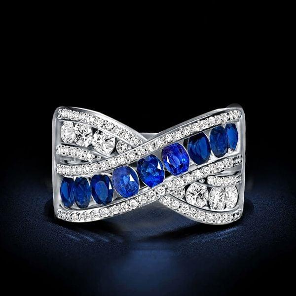 Criss-Cross Oval Created Sapphire Wedding Band in 925 Sterling Silver