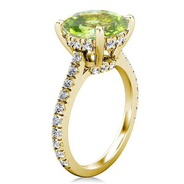 Peridot Engagement Ring - Sterling Silver Hidden Halo - 2.75 CT Center Stone