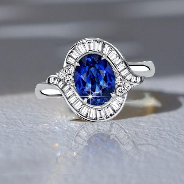 Sterling Silver Channel Set Oval Blue Sapphire Halo Engagement Ring