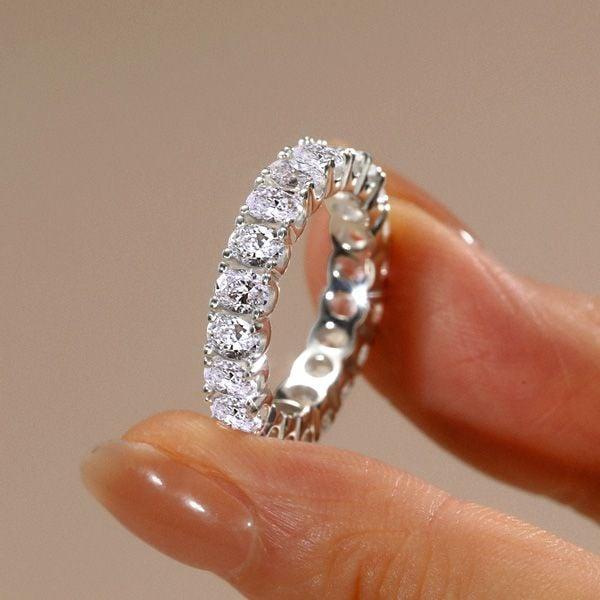 Sterling Silver Oval Created White Sapphire Eternity Wedding Band for Women