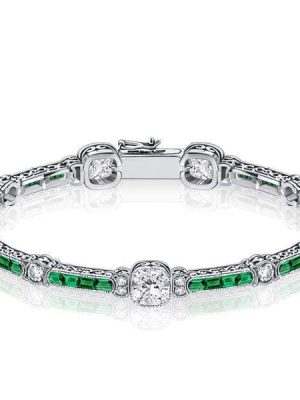 Emerald and White Diamond Tennis Bracelet in Sterling Silver with Milgrain Detail
