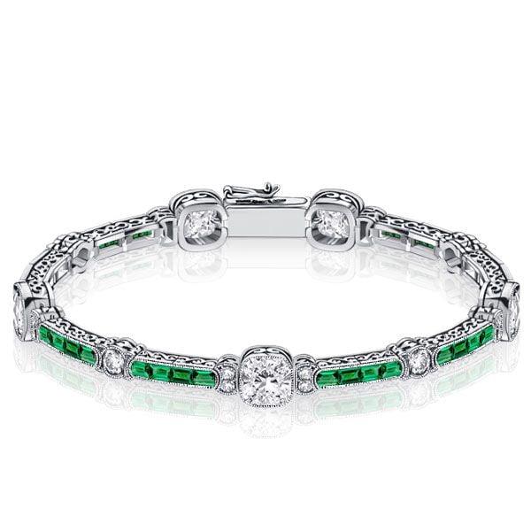 Emerald and White Diamond Tennis Bracelet in Sterling Silver with Milgrain Detail