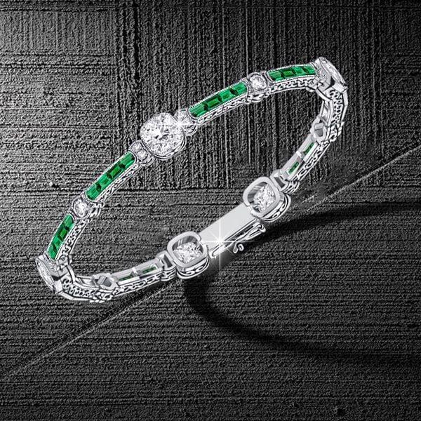 Emerald and White Diamond Tennis Bracelet in Sterling Silver with Milgrain Detail