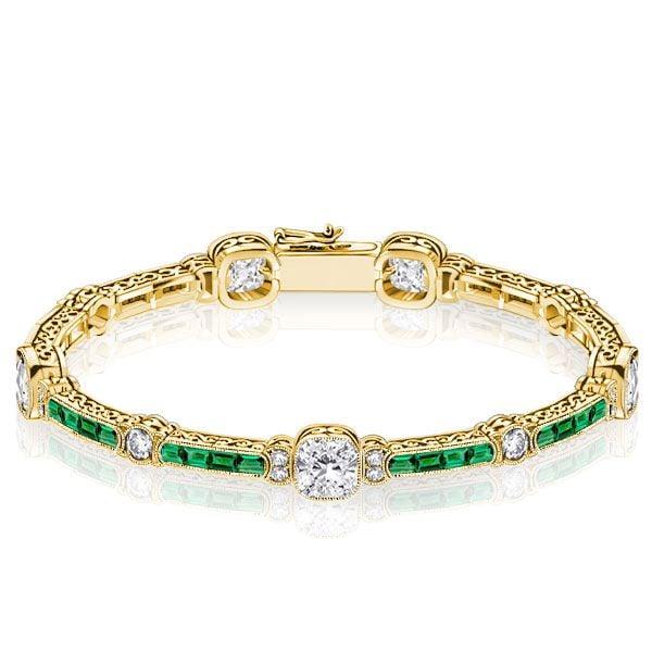 Emerald and White Diamond Tennis Bracelet in Sterling Silver with Milgrain Detail