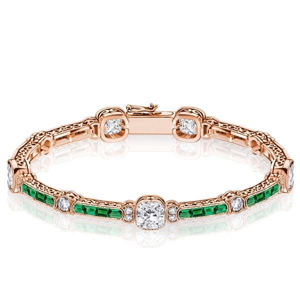 Emerald and White Diamond Tennis Bracelet in Sterling Silver with Milgrain Detail