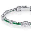 Emerald and White Diamond Tennis Bracelet in Sterling Silver with Milgrain Detail