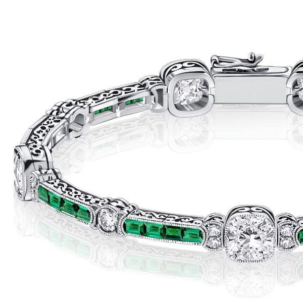 Emerald and White Diamond Tennis Bracelet in Sterling Silver with Milgrain Detail