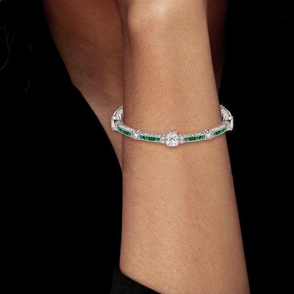 Emerald and White Diamond Tennis Bracelet in Sterling Silver with Milgrain Detail