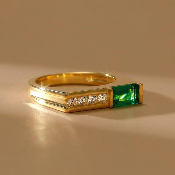 Emerald Green Wedding Band - Vintage Golden Bar Setting - 18K Gold Plated Sterling Silver