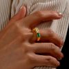 Emerald Green Wedding Band - Vintage Golden Bar Setting - 18K Gold Plated Sterling Silver