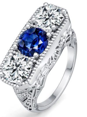 Antique Blue & White Sapphire 3 Stone Engagement Ring in Sterling Silver