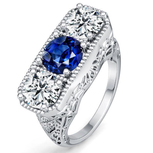 Antique Blue & White Sapphire 3 Stone Engagement Ring in Sterling Silver