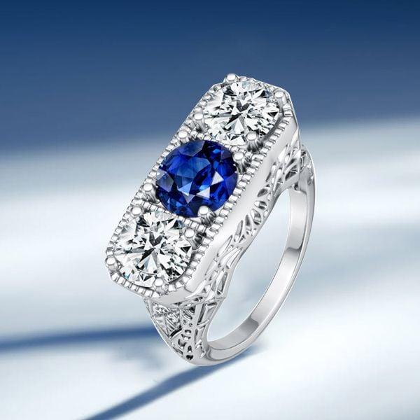Antique Blue & White Sapphire 3 Stone Engagement Ring in Sterling Silver