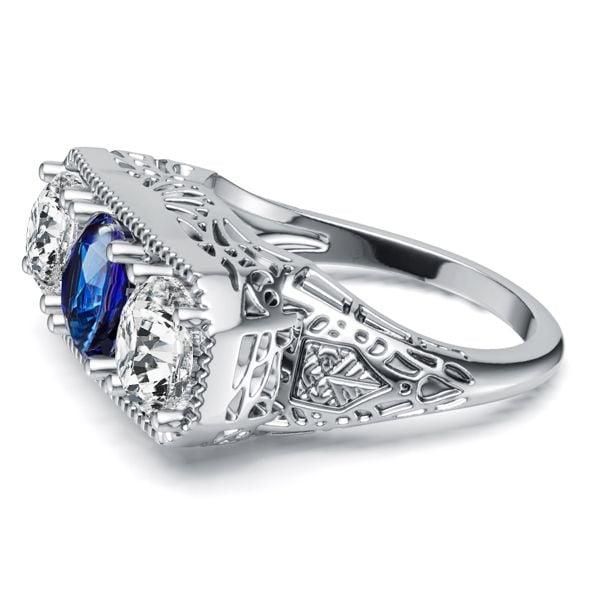 Antique Blue & White Sapphire 3 Stone Engagement Ring in Sterling Silver