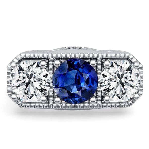 Antique Blue & White Sapphire 3 Stone Engagement Ring in Sterling Silver