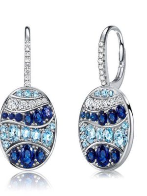 Blue Sapphire Wave Drop Earrings in Sterling Silver - Leverback