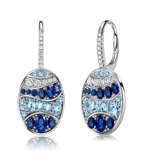 Blue Sapphire Wave Drop Earrings in Sterling Silver - Leverback