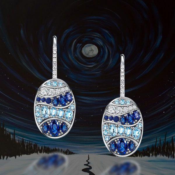 Blue Sapphire Wave Drop Earrings in Sterling Silver - Leverback