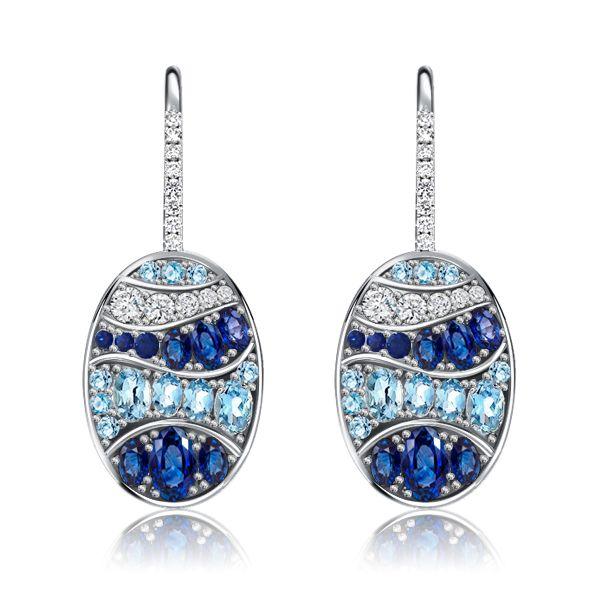 Blue Sapphire Wave Drop Earrings in Sterling Silver - Leverback
