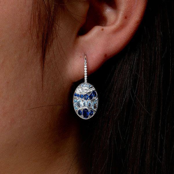 Blue Sapphire Wave Drop Earrings in Sterling Silver - Leverback